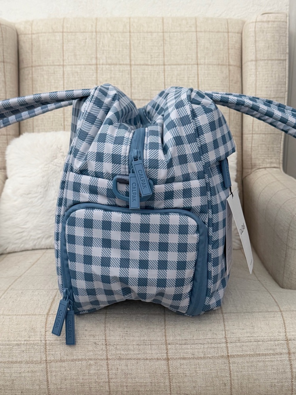 CALPAK Luka Duffel French Blue Gingham - Picture 3 of 5
